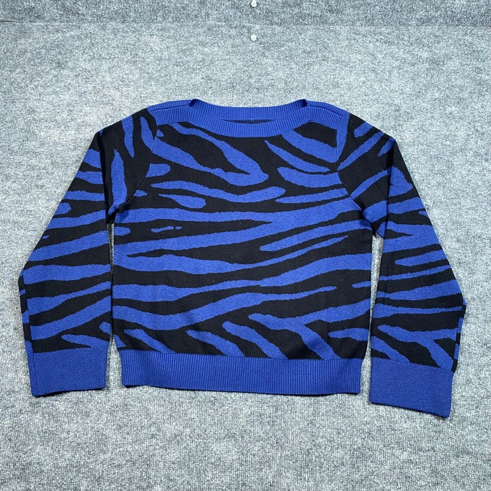 LOFT Zebra Print Sweater Blue Black Boat Neck Long Sleeve Cotton Blend Large NEW